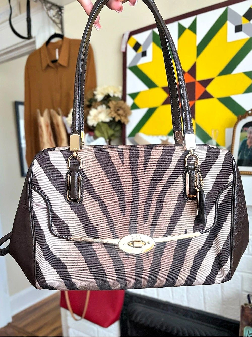 Coach Madison Zebra Print Small Madeline Satchel in Black & Pink